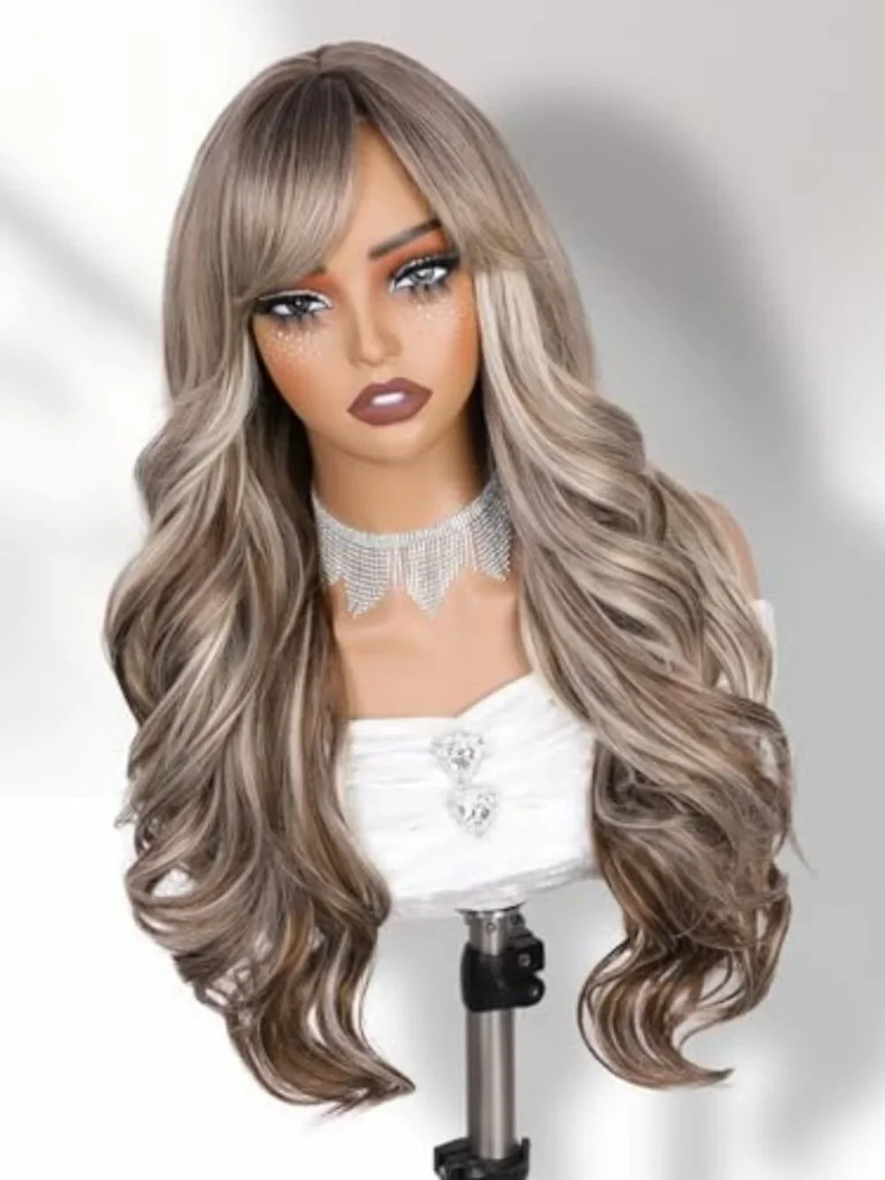 Long Brown Blonde Ombre Curly Wig with Bangs - 26 Inch Stylish Hairpiece